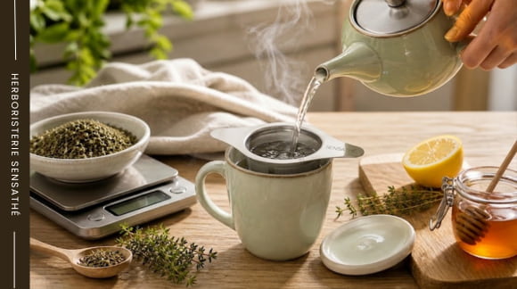 Préparation d’une tisane de thym contre le rhume avec miel et citron - Herboristerie Sensathé